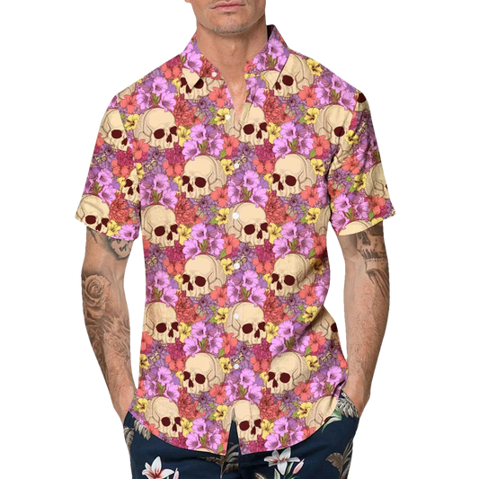 Pink Floral Skull Hawaiian Shirt, Hawaiian Button Up Shirt, Aloha Shirts Moonbestprint