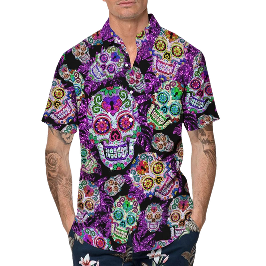 Purple Sugar Skull Hawaiian Shirt, Hawaiian Button Up Shirt, Tropical Shirts For Men Moonbestprint