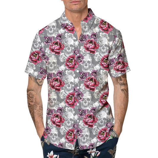 Roses And Grey Skull Hawaiian Shirt, Hawaiian Button Up Shirt, Tropical Shirts For Men Moonbestprint