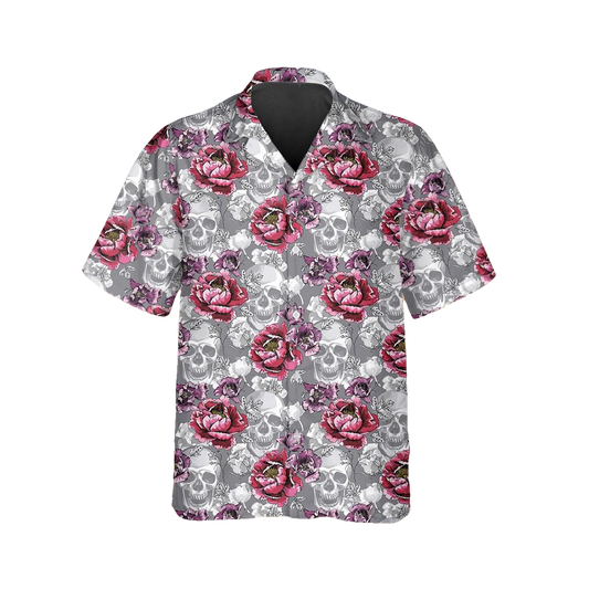 Roses And Grey Skull Hawaiian Shirt, Hawaiian Button Up Shirt, Tropical Shirts For Men Moonbestprint