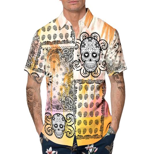 Skull And Mandala Pattern Hawaiian Shirt, Hawaiian Button Up Shirt, Aloha Shirts Moonbestprint