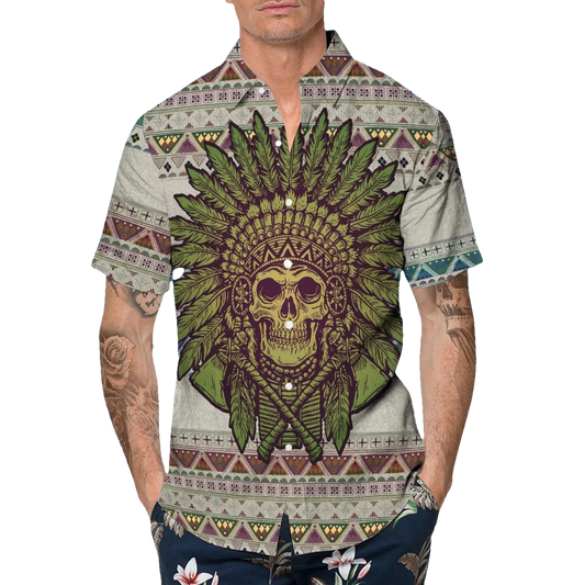 Skull Aboriginal Hawaiian Shirt, Hawaiian Button Up Shirt, Tropical Shirts For Men Moonbestprint