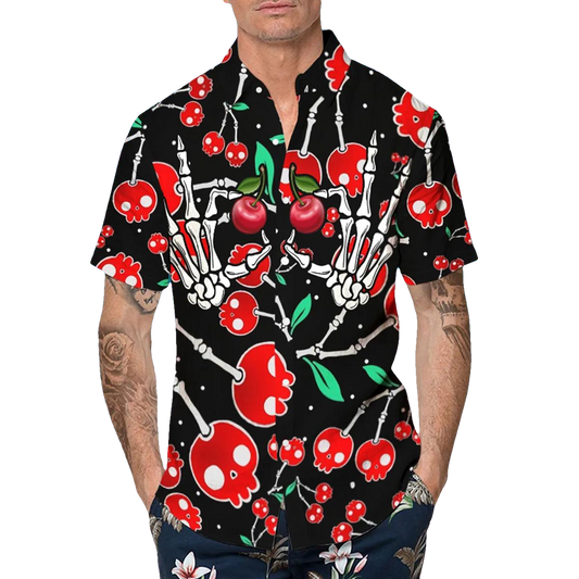 Skull Cherry Black Hawaiian Shirt, Hawaiian Button Up Shirt, Aloha Shirts Moonbestprint
