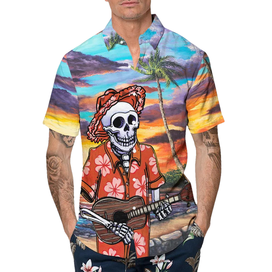 Skull Play Guitar By The Beach Hawaiian Shirt, Hawaiian Button Up Shirt, Aloha Shirts Moonbestprint
