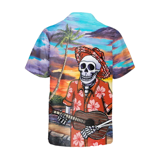 Skull Play Guitar By The Beach Hawaiian Shirt, Hawaiian Button Up Shirt, Aloha Shirts Moonbestprint