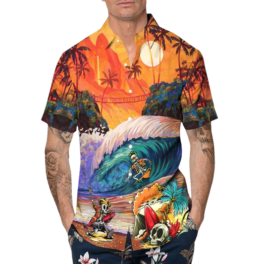 Skull Surfing Dream Land Hawaiian Shirt, Hawaiian Button Up Shirt, Aloha Shirts Moonbestprint