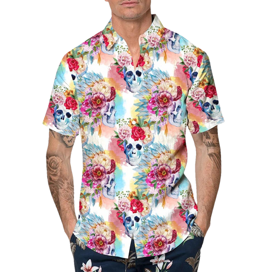 Skull With Colorful Flowers Hawaiian Shirt, Hawaiian Button Up Shirt, Aloha Shirts Moonbestprint