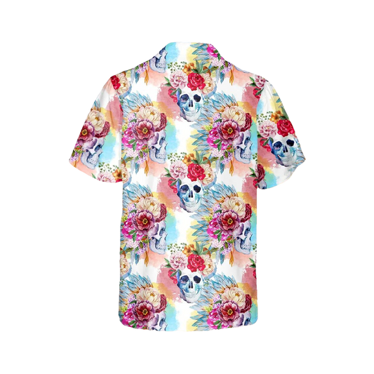 Skull With Colorful Flowers Hawaiian Shirt, Hawaiian Button Up Shirt, Aloha Shirts Moonbestprint