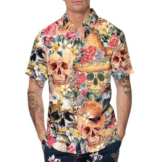 Skull With Flowers Hawaiian Shirt, Hawaiian Button Up Shirt, Tropical Shirts For Men Moonbestprint