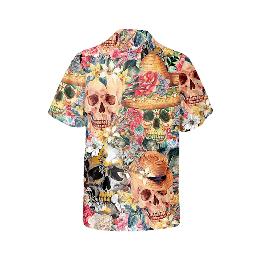Skull With Flowers Hawaiian Shirt, Hawaiian Button Up Shirt, Tropical Shirts For Men Moonbestprint