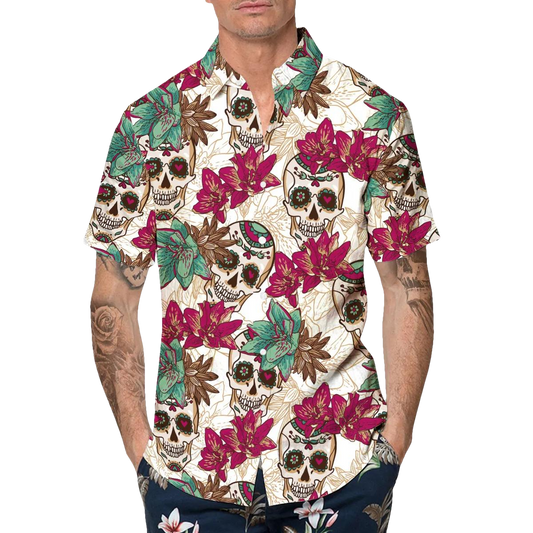 Summer Sugar Skull Hawaiian Shirt, Hawaiian Button Up Shirt, Tropical Shirts For Men Moonbestprint