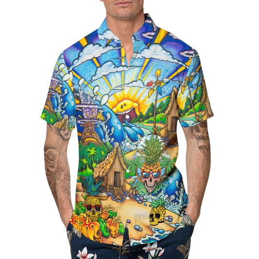 Sunny Village Beach Skull Hawaiian Shirt, Hawaiian Button Up Shirt, Tropical Shirts For Men Moonbestprint
