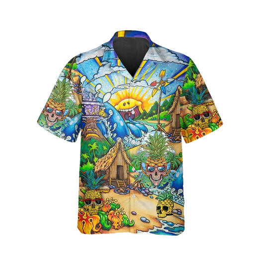 Sunny Village Beach Skull Hawaiian Shirt, Hawaiian Button Up Shirt, Tropical Shirts For Men Moonbestprint