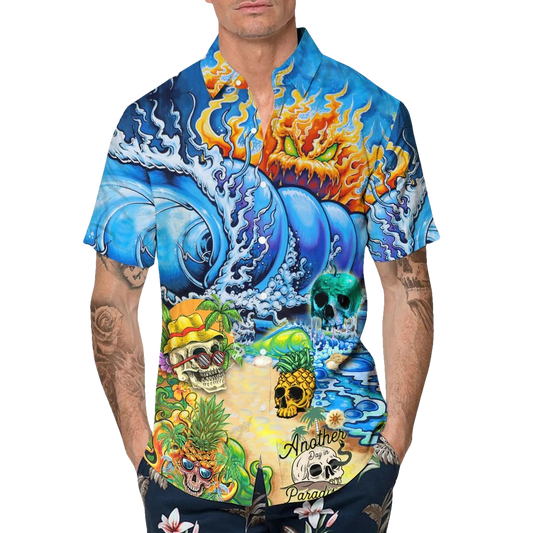 Tidal Wave Beach Skull Hawaiian Shirt, Hawaiian Button Up Shirt, Tropical Shirts For Men Moonbestprint