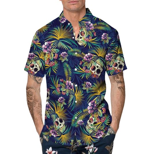 Tropical Sugar Skull Hawaiian Shirt, Hawaiian Button Up Shirt, Tropical Shirts For Men Moonbestprint