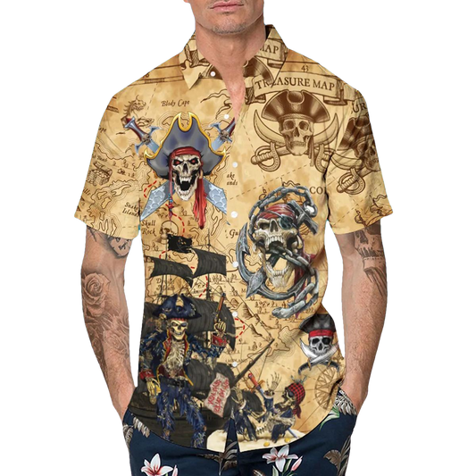 Vintage Pirate Skull Hawaiian Shirt, Hawaiian Button Up Shirt, Aloha Shirts Moonbestprint