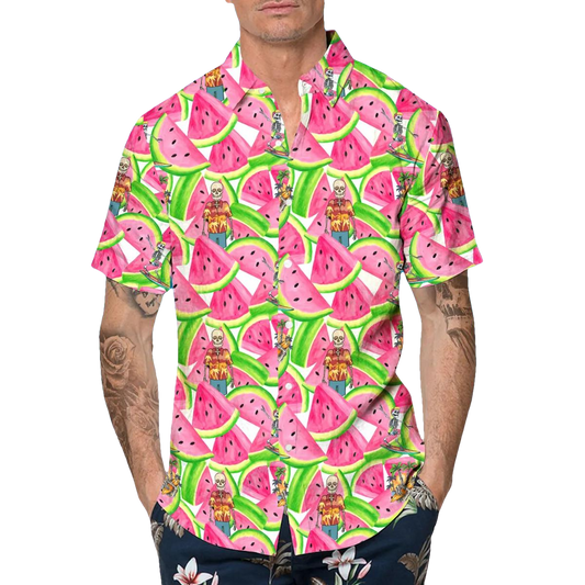 Watermelon With Skull Hawaiian Shirt, Hawaiian Button Up Shirt, Aloha Shirts Moonbestprint