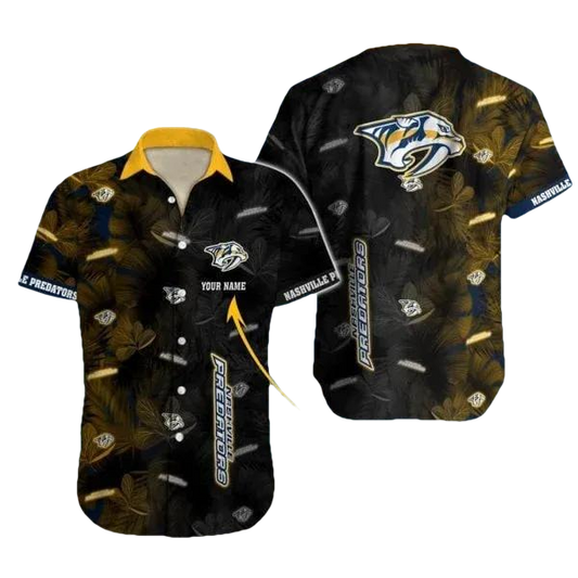 Custom Name NHL Nashville Predators Team Name And Tropical Pattern 3D Hawaiian Shirt, NHL Hawaiian Shirt Moonbestprint