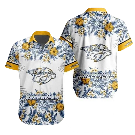 NHL Nashville Predators Flower Pattern White 3D Hawaiian Shirt, NHL Hawaiian Shirt Moonbestprint