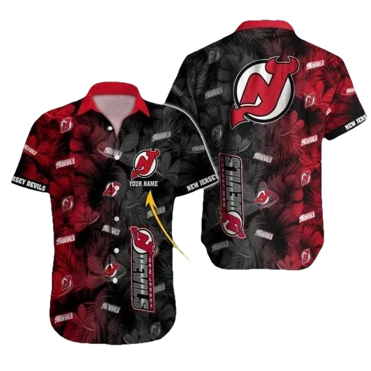 Custom Name NHL New Jersey Devils Team Name And Tropical Pattern 3D Hawaiian Shirt, NHL Hawaiian Shirt Moonbestprint