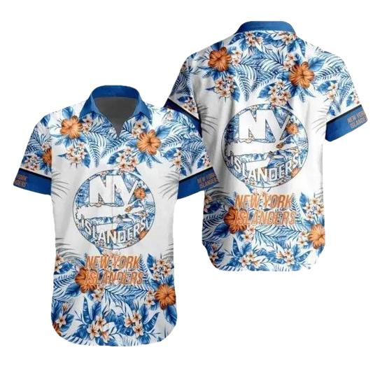 NHL New York Islanders Flower Pattern White 3D Hawaiian Shirt, NHL Hawaiian Shirt Moonbestprint