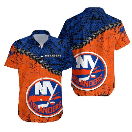 New York Islanders Hawaiian Shirt Grunge Polynesian Tattoo - NHL, NHL Hawaiian Shirt Moonbestprint