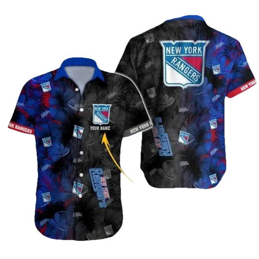 Custom Name NHL New York Rangers Team Name And Tropical Pattern 3D Hawaiian Shirt, NHL Hawaiian Shirt Moonbestprint
