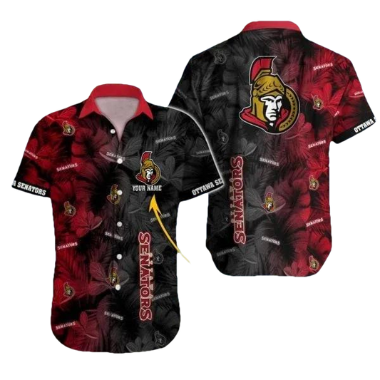 Custom Name NHL Ottawa Senators Team Name And Tropical Pattern 3D Hawaiian Shirt, NHL Hawaiian Shirt Moonbestprint