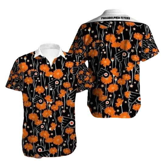Philadelphia Flyers Orange Black Tropical Flowers Hawaiian Shirt, NHL Hawaiian Shirt Moonbestprint