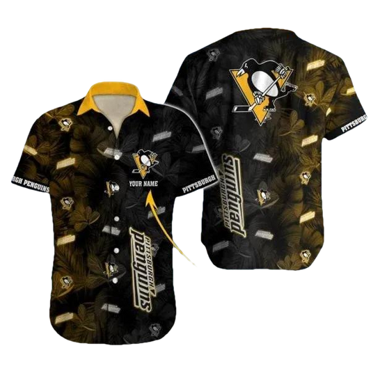 Custom Name NHL Pittsburgh Penguins Team Name And Tropical Pattern 3D Hawaiian Shirt, NHL Hawaiian Shirt Moonbestprint