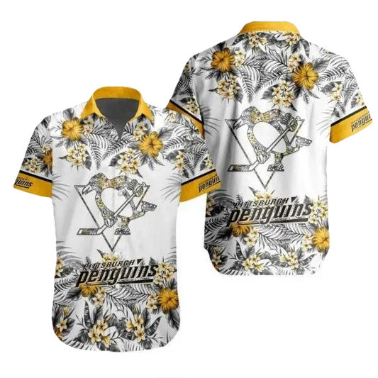 NHL Pittsburgh Penguins Flower Pattern White 3D Hawaiian Shirt, NHL Hawaiian Shirt Moonbestprint