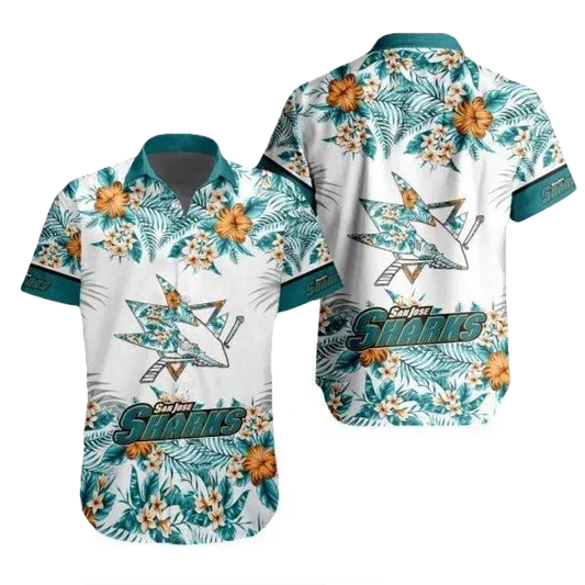 NHL San Jose Sharks Flower Pattern White 3D Hawaiian Shirt, NHL Hawaiian Shirt Moonbestprint