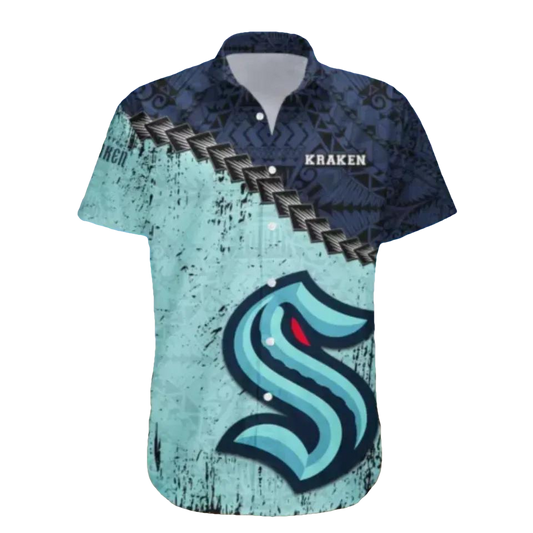 Seattle Kraken Hawaiian Shirt, Grunge Polynesian Tattoo Aloha Button Shirt, NHL Hawaiian Shirt Moonbestprint