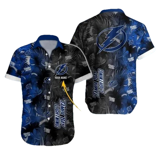 Custom Name NHL Tampa Bay Lightning Team Name And Tropical Pattern 3D Hawaiian Shirt, NHL Hawaiian Shirt Moonbestprint