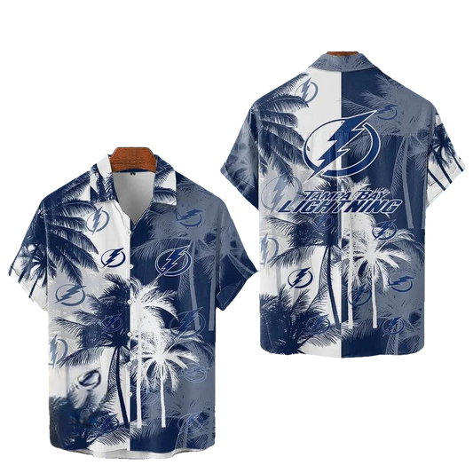 Tampa Bay Lightning NHL Team Colors Tropical Palm Trees And Team Logo 3D Hawaiian Shirt, NHL Hawaiian Shirt Moonbestprint