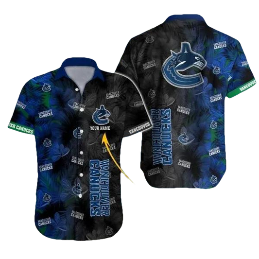 Custom Name NHL Vancouver Canucks Team Name And Tropical Pattern 3D Hawaiian Shirt, NHL Hawaiian Shirt Moonbestprint