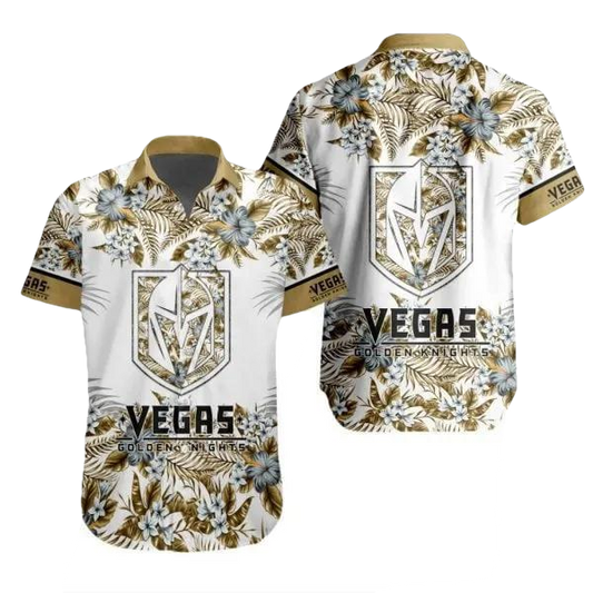 NHL Vegas Golden Knights Flower Pattern White 3D Hawaiian Shirt, NHL Hawaiian Shirt Moonbestprint