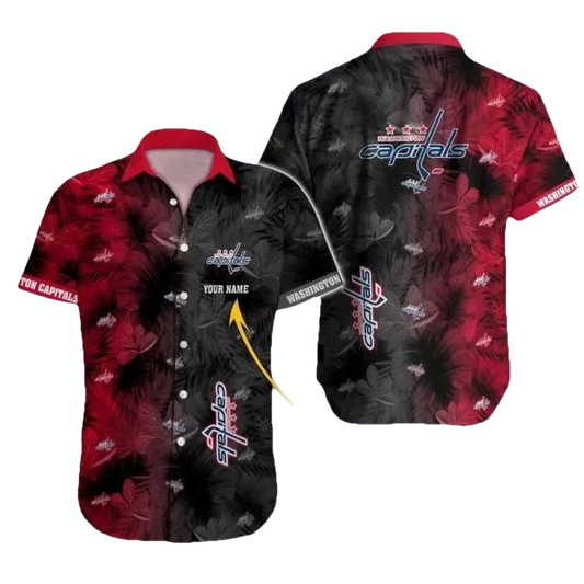Custom Name NHL Washington Capitals Team Name And Tropical Pattern 3D Hawaiian Shirt, NHL Hawaiian Shirt Moonbestprint