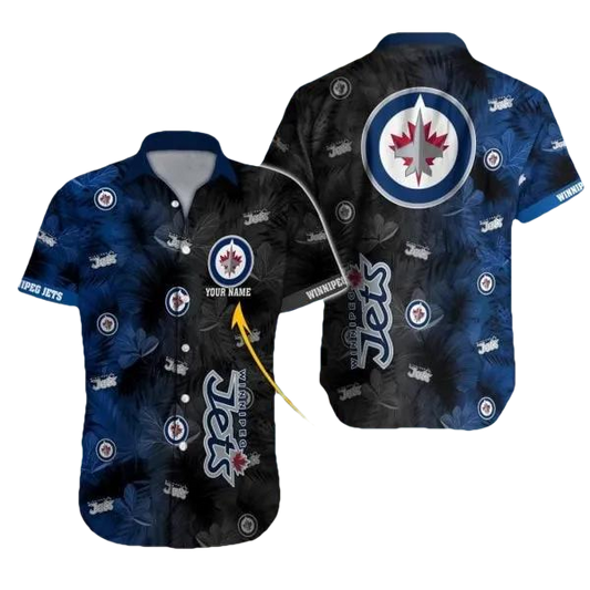 Custom Name NHL Winnipeg Jets Team Name And Tropical Pattern 3D Hawaiian Shirt, NHL Hawaiian Shirt Moonbestprint