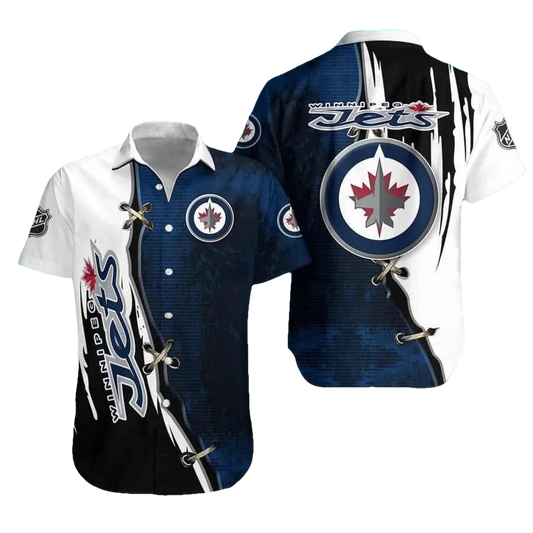 Winnipeg Jets Dark Blue And Black Hawaiian Shirt, NHL Hawaiian Shirt Moonbestprint