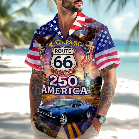 Celebrate 100 Years of Road Route 66 and America 250th Anniversary Custom Car Photo Hawaiian Shirt, 250th Anniversary Gift Moonbestprint
