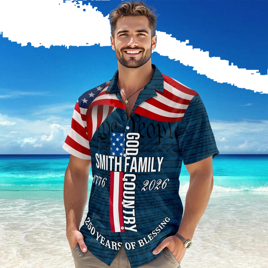 Custom Family Name Patriotic American Flag, 250 Years of Blessing God Hawaii Shirt, 250th Anniversary Gift Moonbestprint