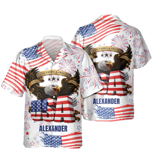 Custom Name Happy Independence's Day USA Eagle Faith, Family & Freedom 3D Hawaii Shirt, 250th Anniversary Gift Moonbestprint