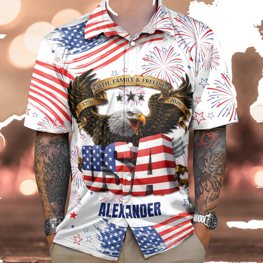 Custom Name Happy Independence's Day USA Eagle Faith, Family & Freedom 3D Hawaii Shirt, 250th Anniversary Gift Moonbestprint