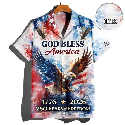 Custom Name Patriotic 250th Anniversary God Bless America Eagle 1776–2026 Hawaii Shirt, 250th Anniversary Gift Moonbestprint