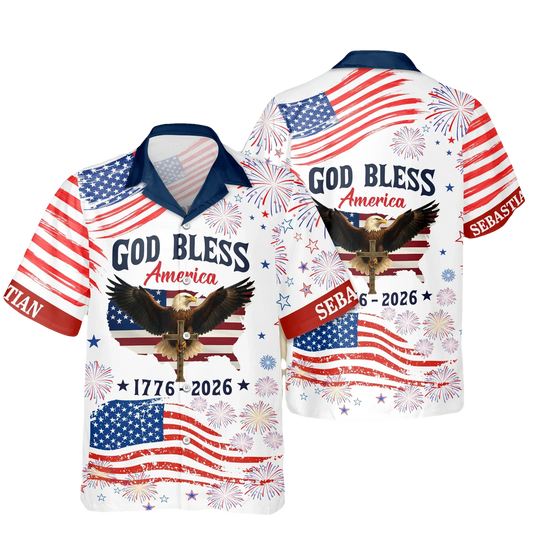 Custom Name Patriotic 250th Anniversary God Bless America Eagle Hawaii Shirt, 250th Anniversary Gift Moonbestprint