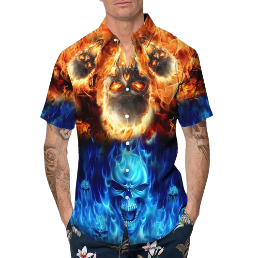 Blue Fire Skull Hawaiian Shirt, Hawaiian Button Up Shirt, Tropical Shirts For Men Moonbestprint
