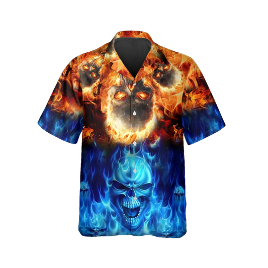 Blue Fire Skull Hawaiian Shirt, Hawaiian Button Up Shirt, Tropical Shirts For Men Moonbestprint
