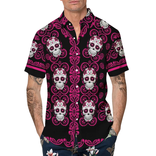 Pattern Color Pink Skull Hawaiian Shirt, Hawaiian Button Up Shirt, Tropical Shirts For Men Moonbestprint