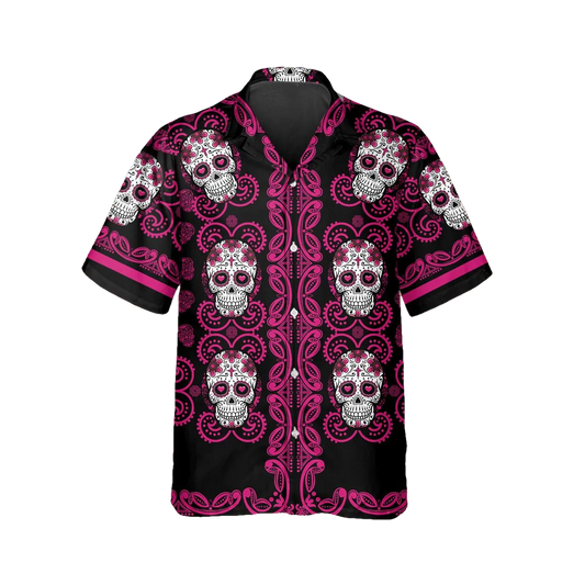 Pattern Color Pink Skull Hawaiian Shirt, Hawaiian Button Up Shirt, Tropical Shirts For Men Moonbestprint